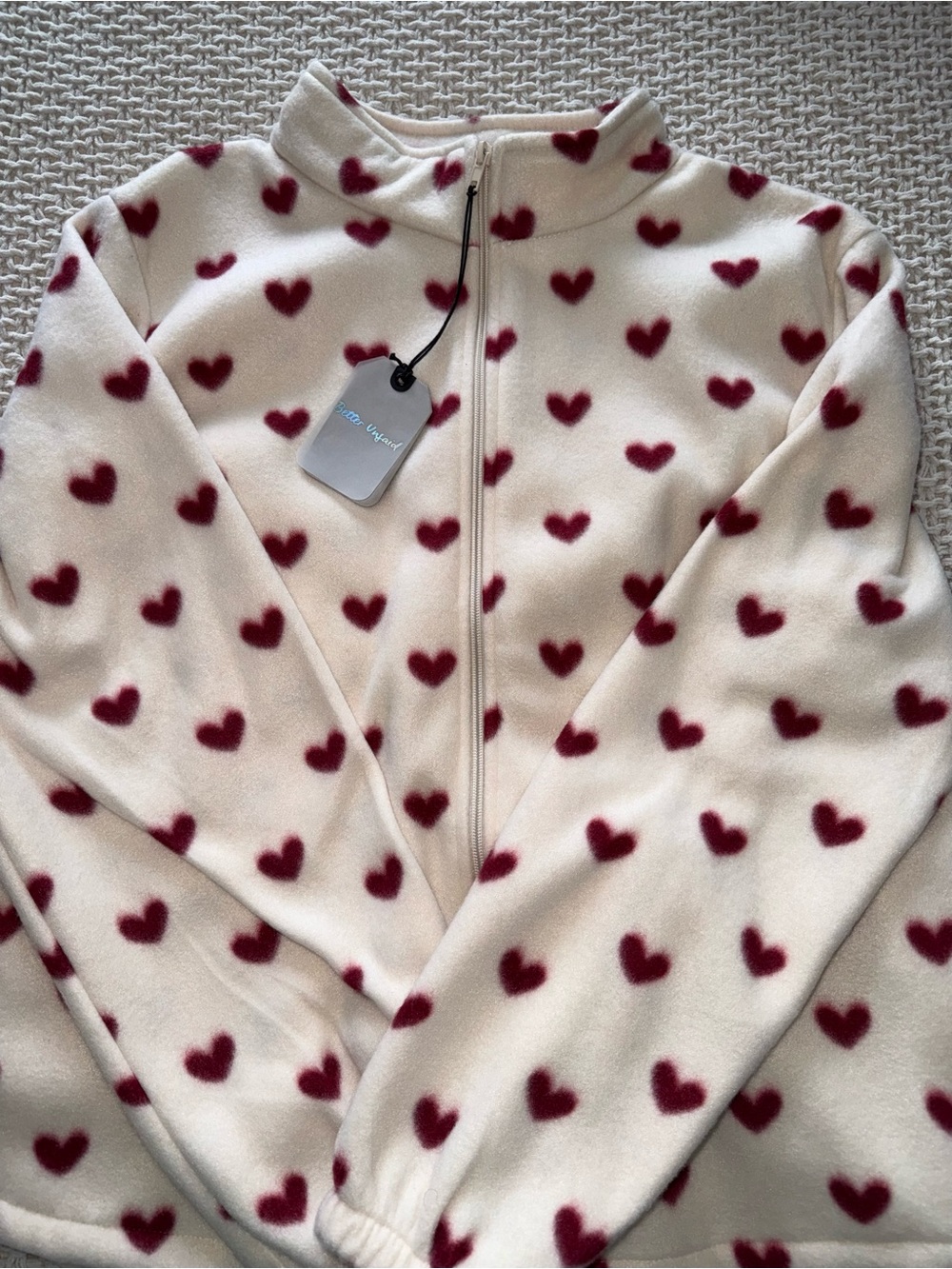 Cream Fleece Zip Jacket with Burgundy Heart Print